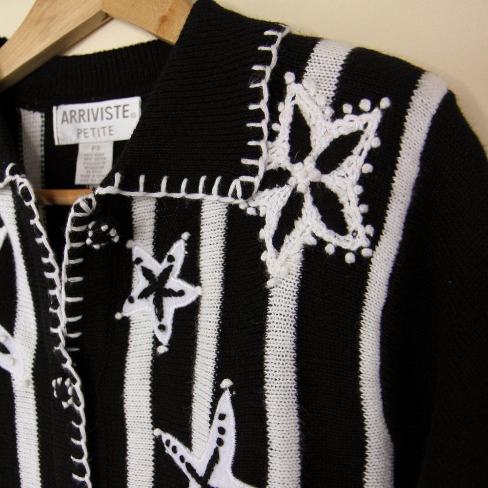 Vintage Button Knit Sweater Black White Stars Med - Picture 5 of 13